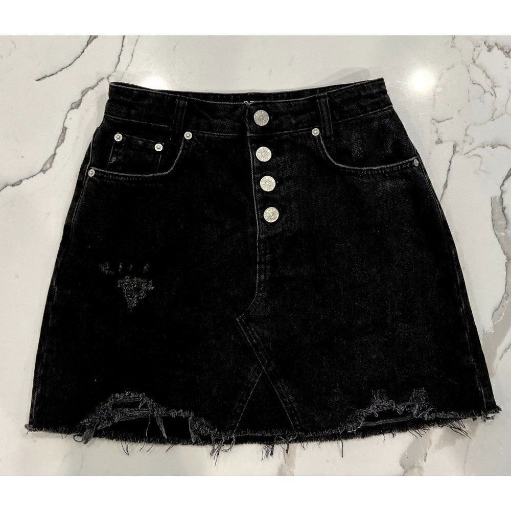 Urban Outfitters Distressed Button Fly Denim Skirt in Black Size S